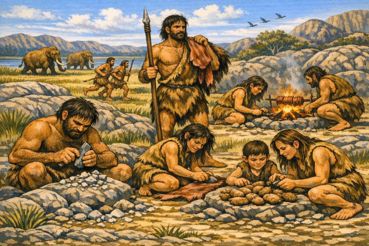 Early humans outside standing, making tools, and preparing food, 1990s textbook style